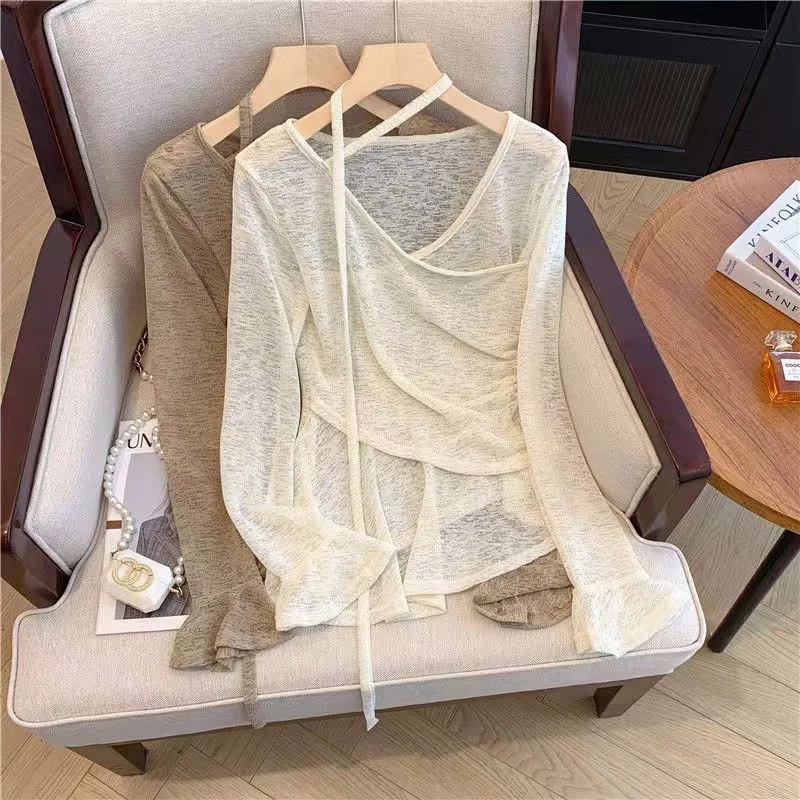 เสื้อยืดแขนยาวทรงเข้ารูปสำหรับผู้หญิง แต่งระบาย ดีไซน์เกาหลี เซ็กซี่ ผูกเอว สไตล์ Y2K เสื้อผ้าฤดูใบไม้ร่วง