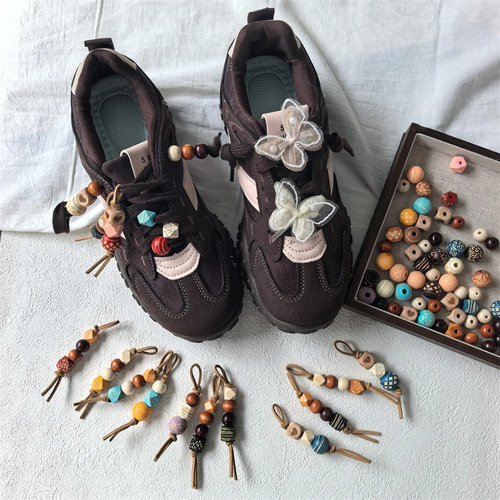 

1PCS Maillard Color Wooden Bead String Shoelaces Charms for Sneakers Pearl Butterfly Shoe Charm DIY Detachable Shoes Decorations