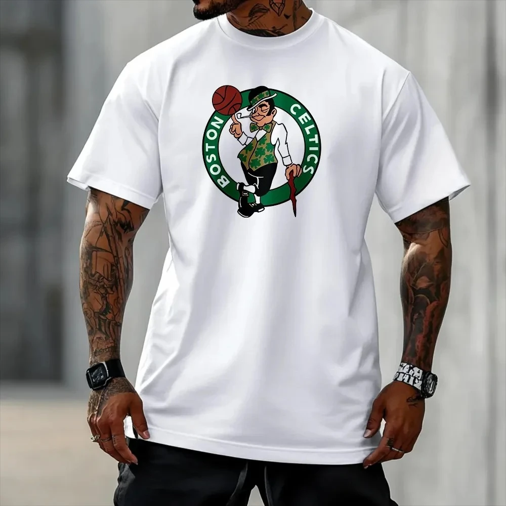 Cotton plus print T-shirt Boston retro casual sports style men's basketball team logo men's and women's summer