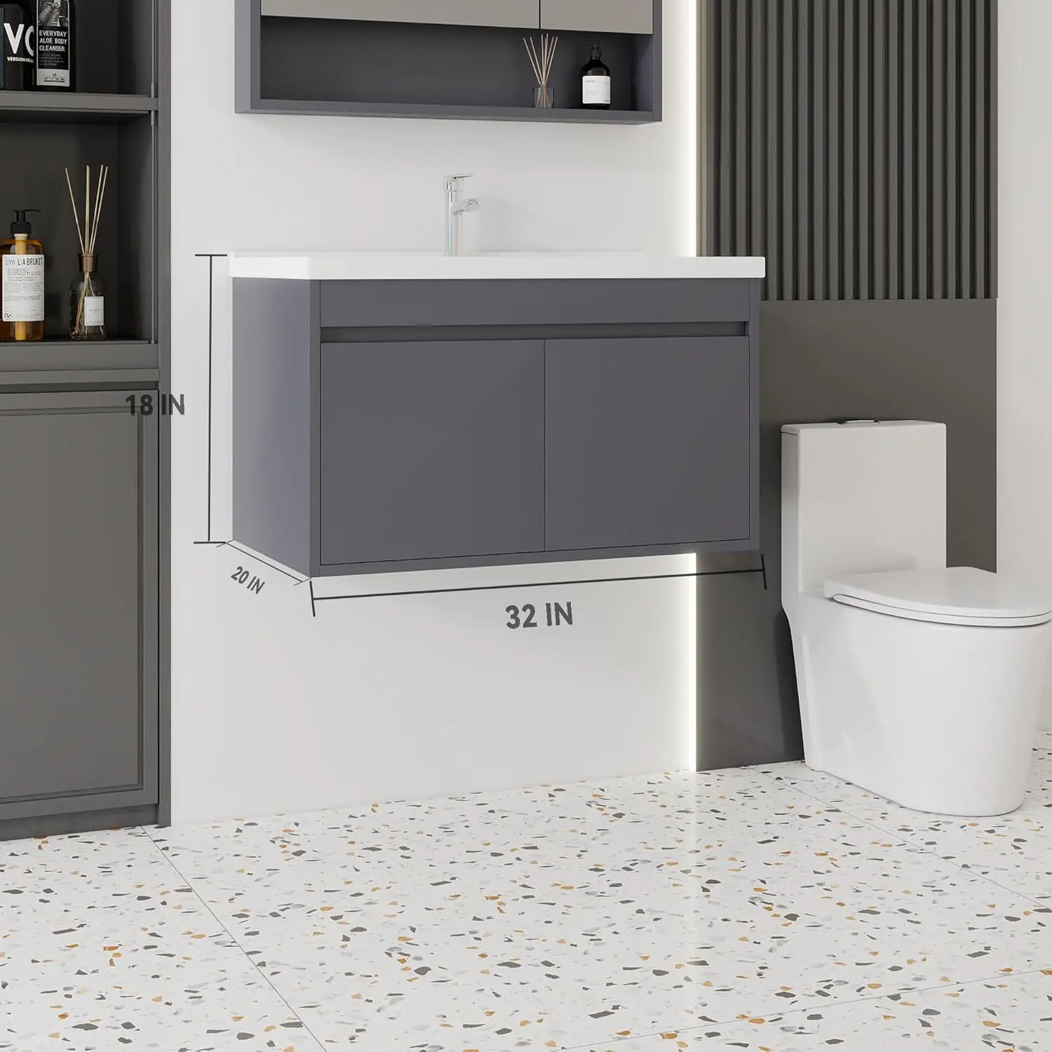#32'' Wall Mounted Bathroom Vanity with Ceramic Sink Combo, Soft-Close Door, Pop-up Drain & P-Trap, Gray, Customized