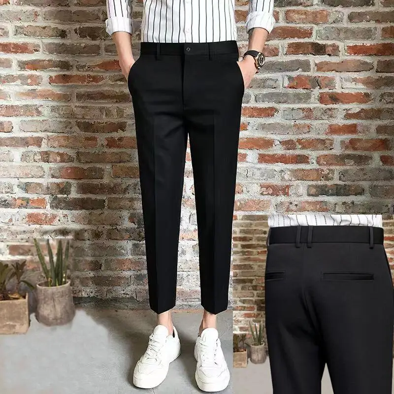 Men\'s Clothing Spring Summer Autumn Straight Office Temperament Handsome Solid Color Pockets Button Zipper Business Casual Pants