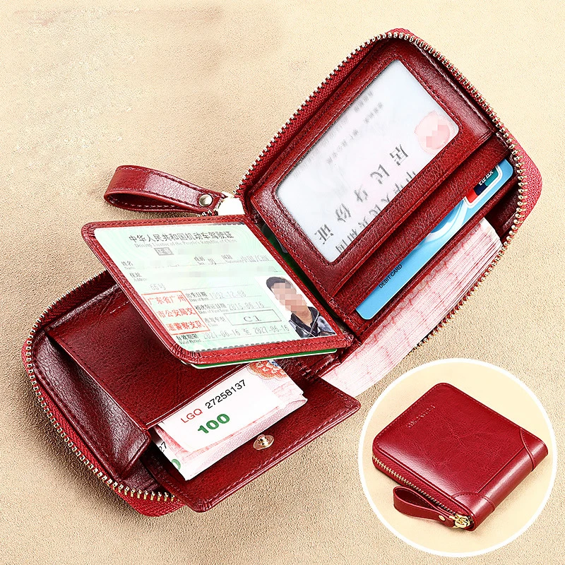 Fashion Small Square Women Wallet Anti RFID Genuine Leather Purse Original Zip Wallet for Women Birthday Gifts