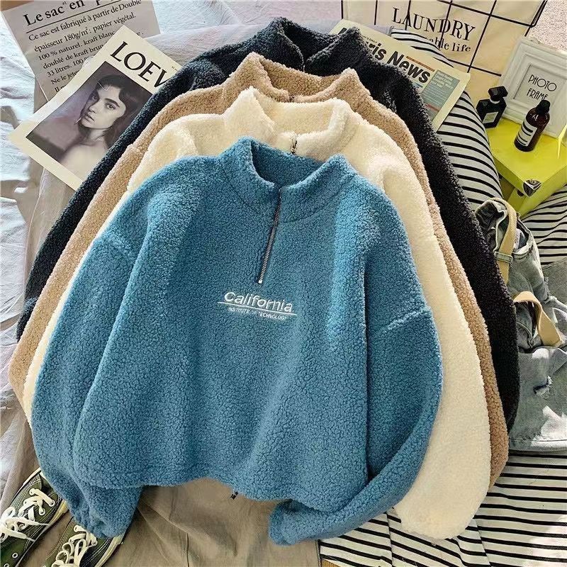  Zekye Ins Popular Student Lamb Wool Long Sleeve Hoodie Women's Clothes Plush Embroidered Versatile Top Outerwear Trendy 