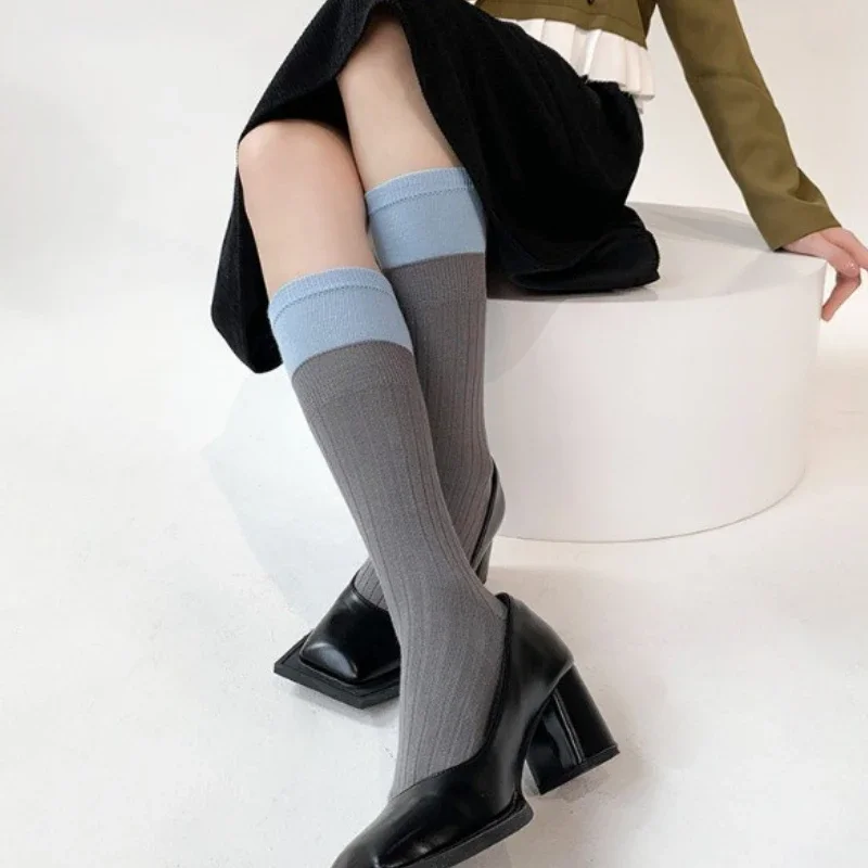 Women's Faux Two-piece Spliced Sockings Contrasting Color Spring and Autumn Knitted Double Rib College Style Jk Calf Long Socks