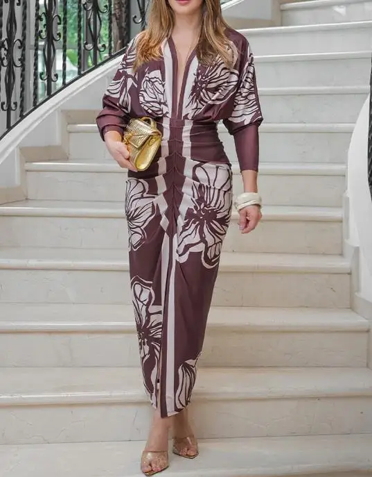 Women Dresses Temperament Commuting Floral Print Batwing Sleeve Plunge V Neck Maxi Dress Female Elegant Ruched Slit Dresses