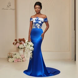 Poemssongs Elegant Off-Shoulder Mermaid Dress Luxurious Satin in Blue with Beautiful Lace Embellishments Bespoke Occasion Dress