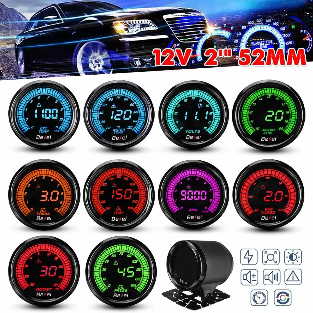 

2'' 52mm Universal Car Digital LED Gauge Water Oil Temp/Press Volt Tacho Boost PSI/BAR AFR EGT Gauge 10 Colors with Gauge Holder