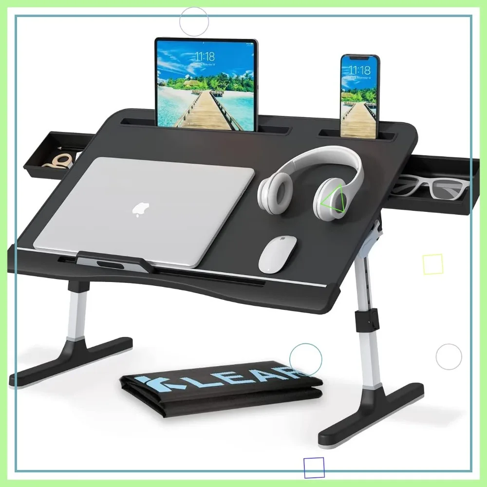 مكتب كمبيوتر محمول قابل للطي مع ارتفاع قابل للتعديل، وأدراج تخزين، وسطح جلدي لاستخدام السرير أو الأريكة #1