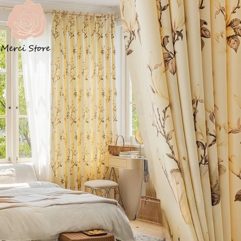 

New American Rural Pastoral Small Fresh Flower Curtains for Living Room Bedroom Window Semi Blackout Thermal Insulated Drapes