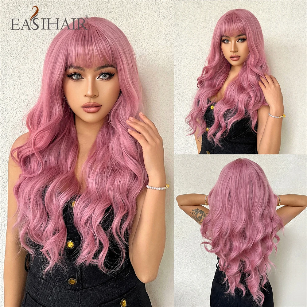 

EASIHAIR Pink Cosplay Synthetic Wigs Long Water Wavy Pink Wigs with Bangs Party Lolita Girl Women Hair Wigs Heat Resistant Fiber