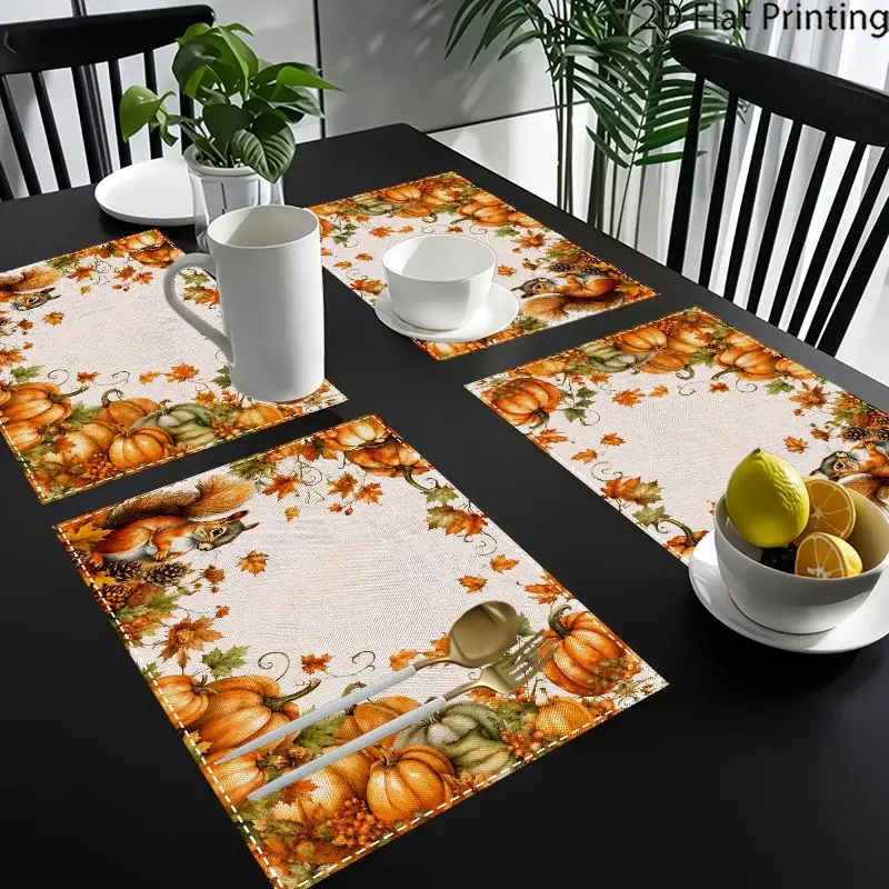 VIKAMA 2/4/6PCS Thanksgiving Pumpkin Maple Placemats, Washable Heat Resistant Table Mats, Aesthetic Kitchen Dining Decor