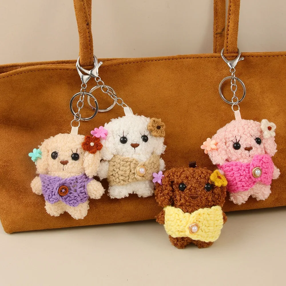 Dog Bag Charm Curly Texture Puppy Keychain With Bow Flower Accent Purse Handbag Fashion Key Ring Accessory Gift For Dog Lovers