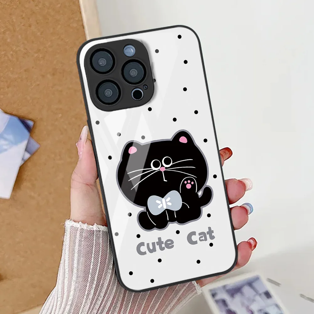 

Cute Cat Phone Case For iPhone 14 17 16 11 13 12 15 Pro Max 17 Air 16E 7 8 Plus XR SE 2020 Tempered Glass Shockproof Cover Coque
