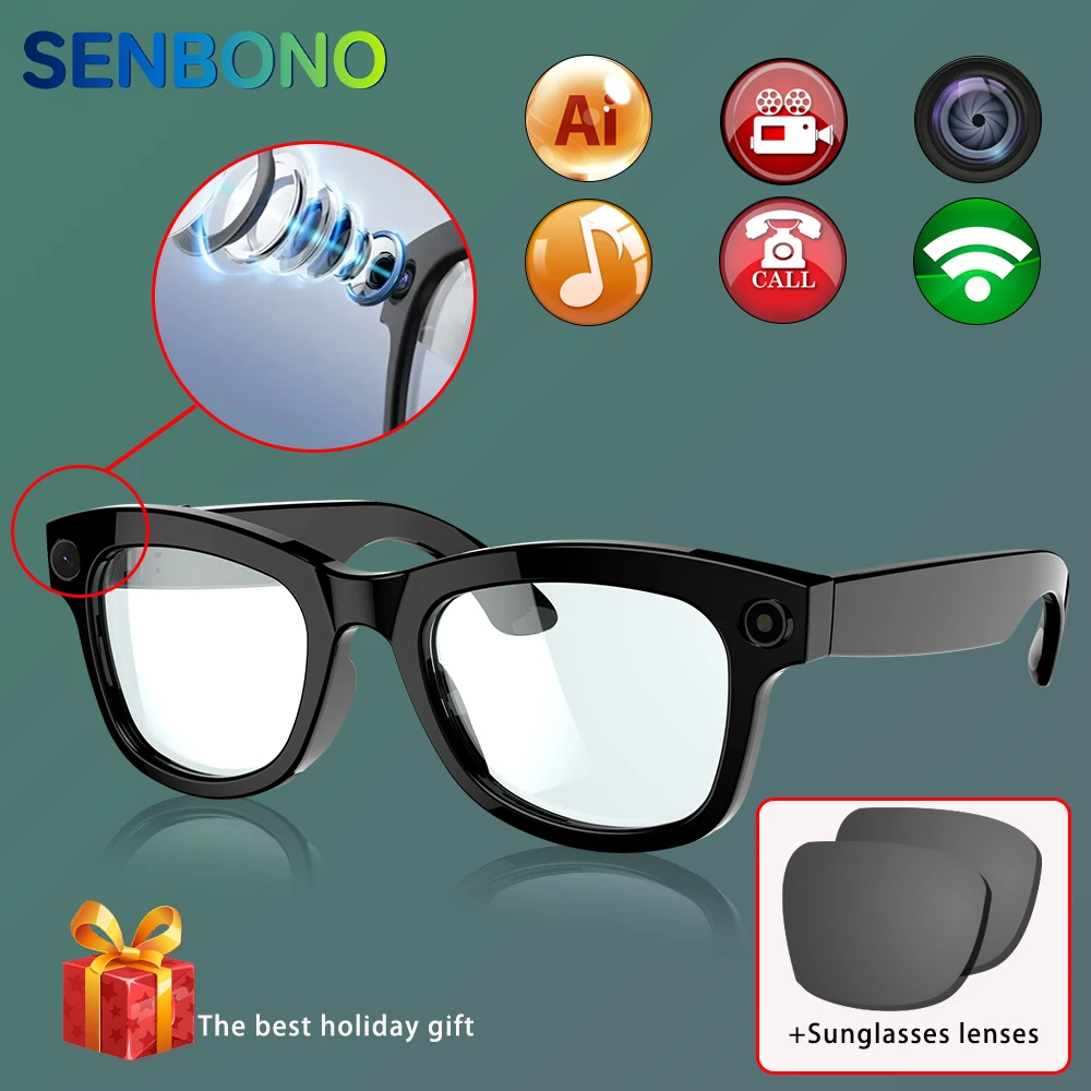 

Умные очки SENBONO 800W с камерой, записью видео, распознаванием фото на базе ИИ, функцией перевода, Bluetooth-звонками и умными солнцезащитными очками для мужчин