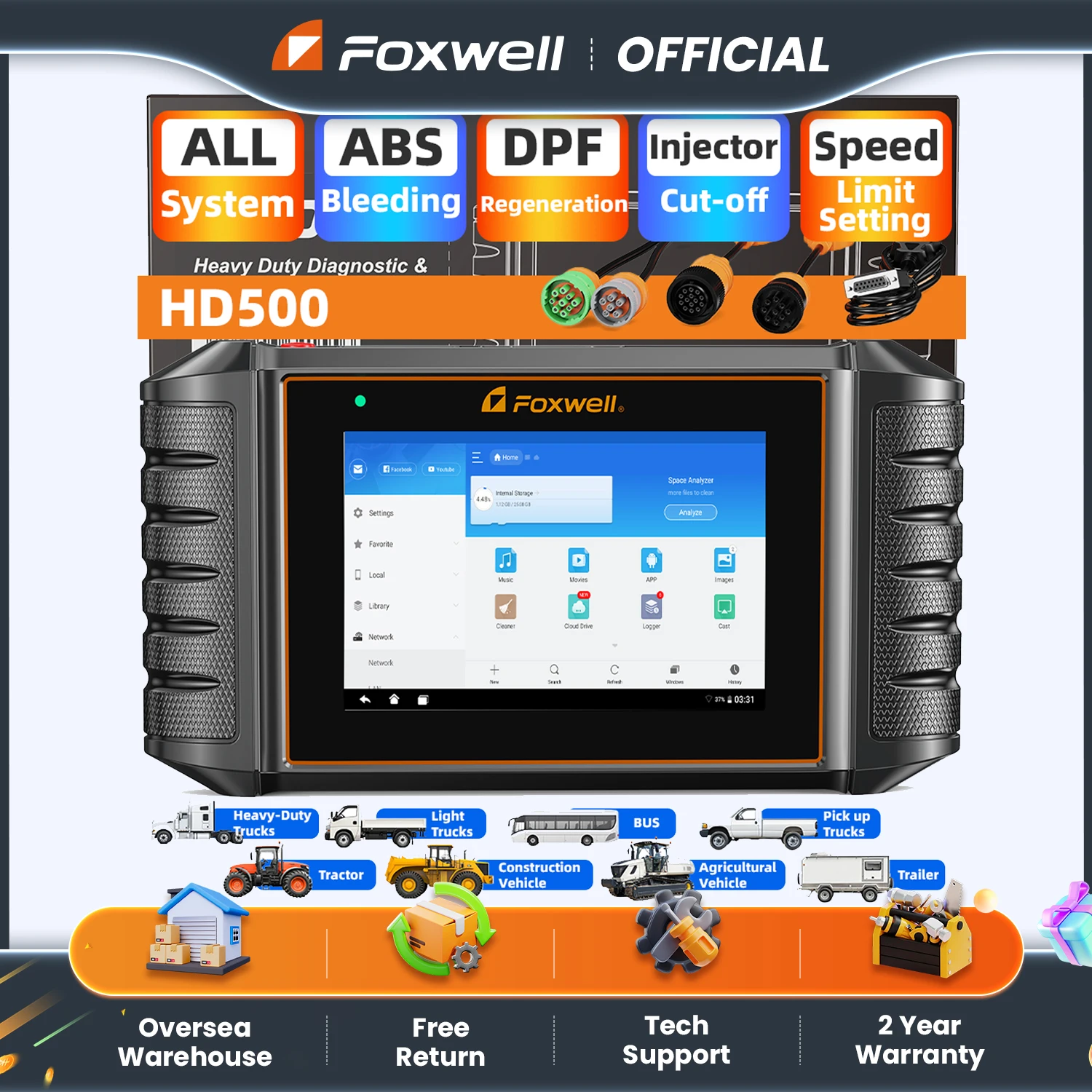 FOXWELL HD500 Heavy Duty Truck Scanner Diesel Engine Diagnostic Tool DPF Regen All System OBD2 for Cummins Caterpillar Paccar
