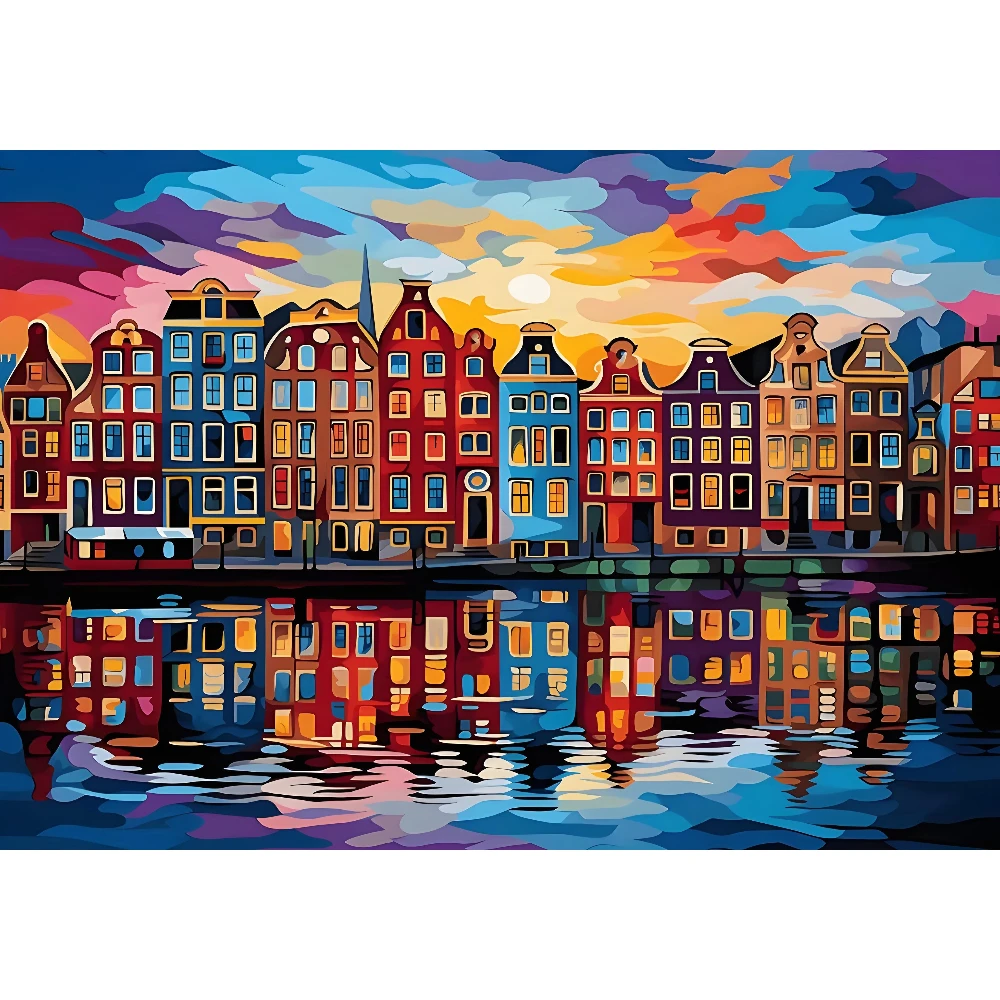 Colorful Canal Houses Cityscape Diamond Painting By Numbers on Diamond Home Decor for Living Room Bedroom Handmade Hobby Gift