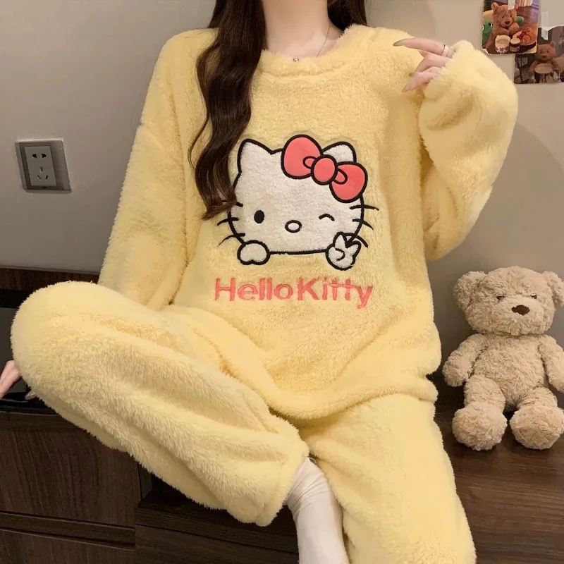 

Пижамный костюм с круглым вырезом «Hello Kitty», топы с длинными рукавами, брюки, милые утолщенные спортивные теплые фланелевые повседневные домашние одежды для девочек