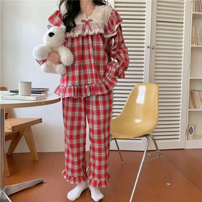 New Warm Ins Winter Autumn Long Sleeve Korean Sweet Plaid Pajamas Set Women Lace Couple Set Princess Long Sleepwear Cotton