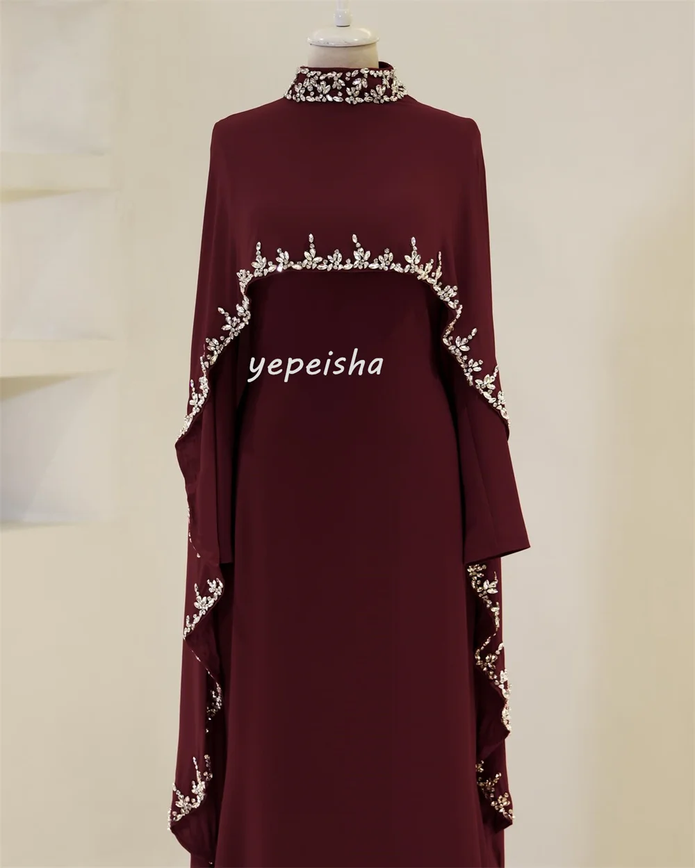 Customized Modern Style Intricate Jersey Ruched Rhinestone Straight High Collar Long Dresses Bespoke Occasion Dresses Classic