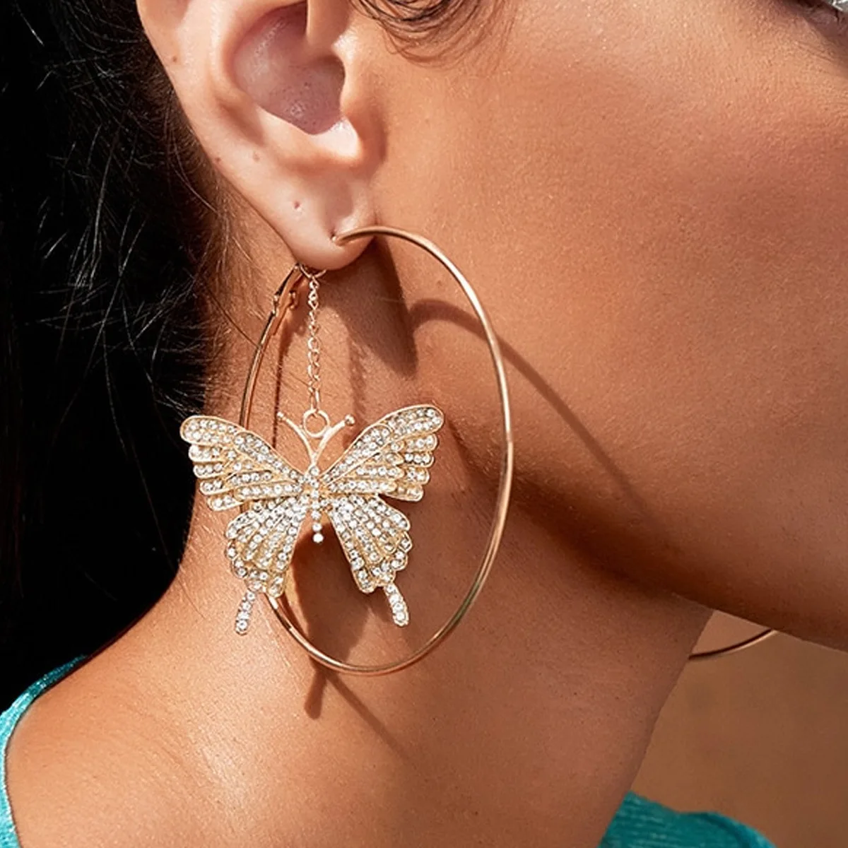 1 pair of luxurious and exaggerated circular butterfly pendant alloy earrings suitable for daily wear at parties and gatherings