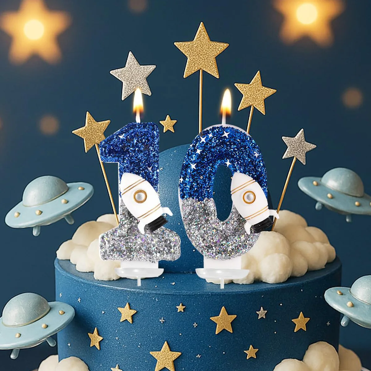 Spaceship Astronaut 0-9 Universe Sparkler Candle for Birthday Cake Boy, Topper for Party Decorations Anniversary Celebrations
