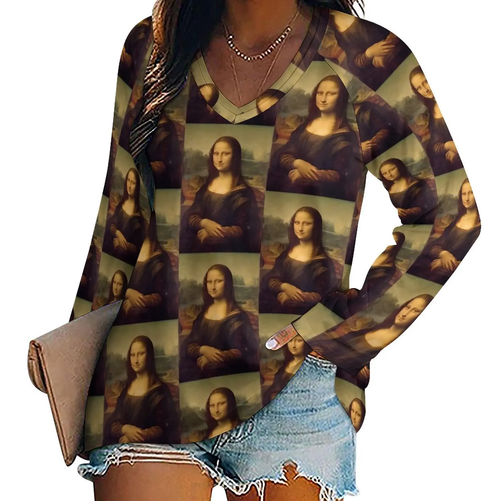 Mona Lisa T-Shirt Leonardo Da Vinci Y2K Long Sleeve T-Shirts Female V Neck Casual Loose Tshirt Oversized Custom Tees