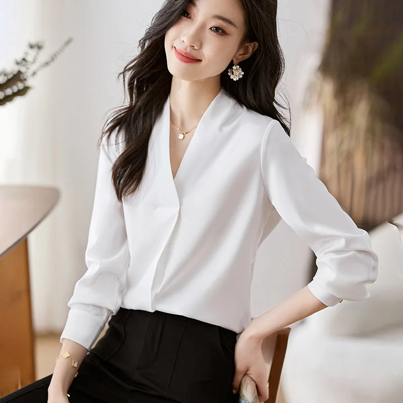 2024 Frühling Herbst neue koreanische Ausgabe Mode vielseitige V-Ausschnitt lange Ärmel Chiffon-Shirts Frauen lässig feste Blusen Dame Tops