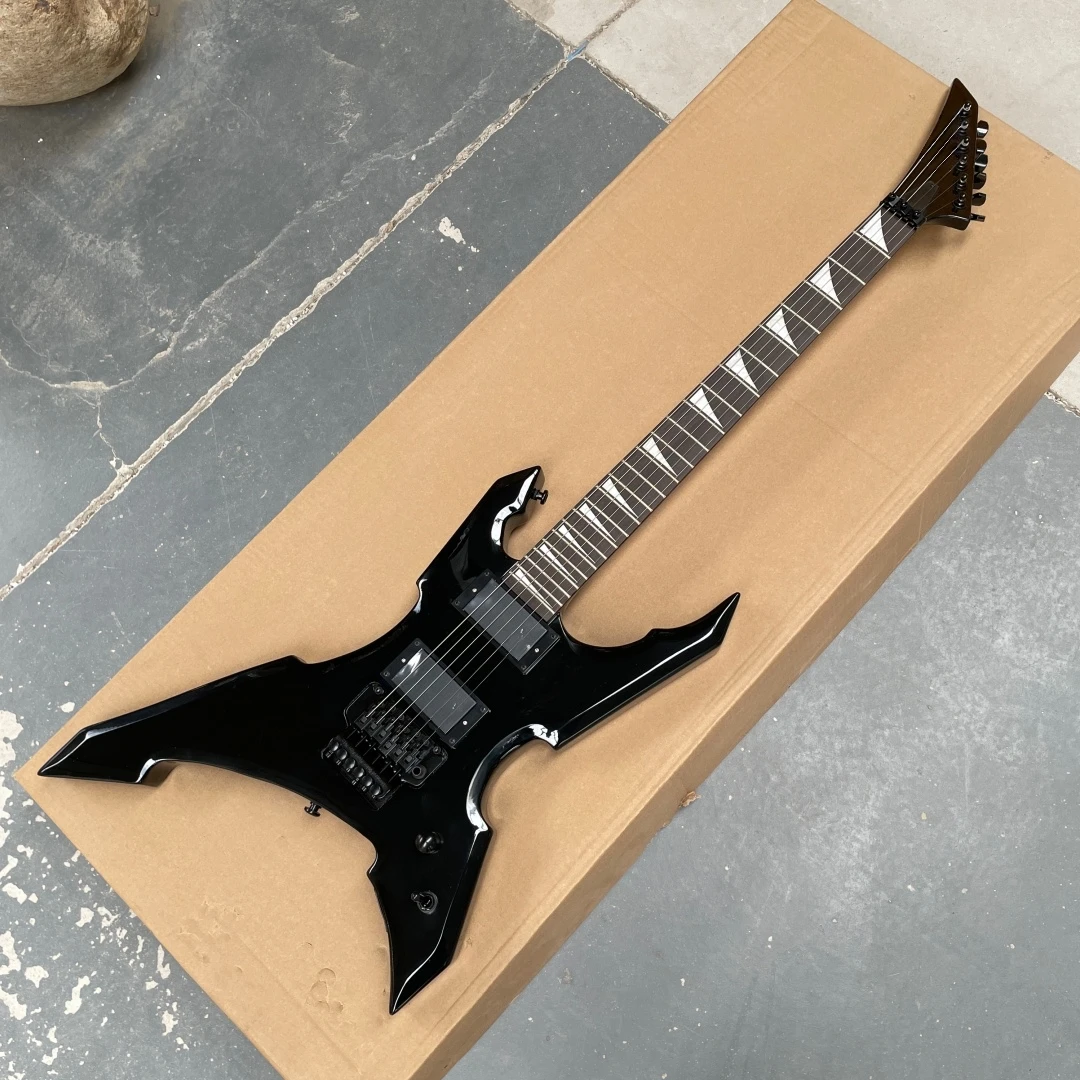 Gloss Black Unique Angular Electric Guitar, 6 String Solid Body Guitar, Double Locking Tremolo, Dual Humbucker Pickups
