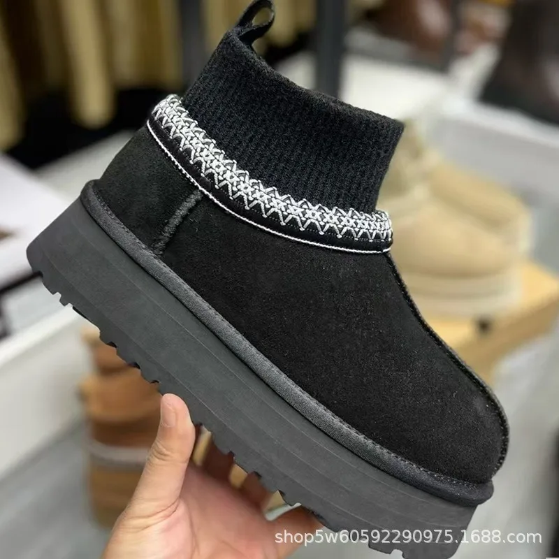 Hohe Schneestiefel, SGGU, für Damen und Herren, im ethnischen Stil, mit Schnürung, große Damengrößen, Baumwollstiefel, aus gestricktem Rindsleder, Wolle. – Detail 5