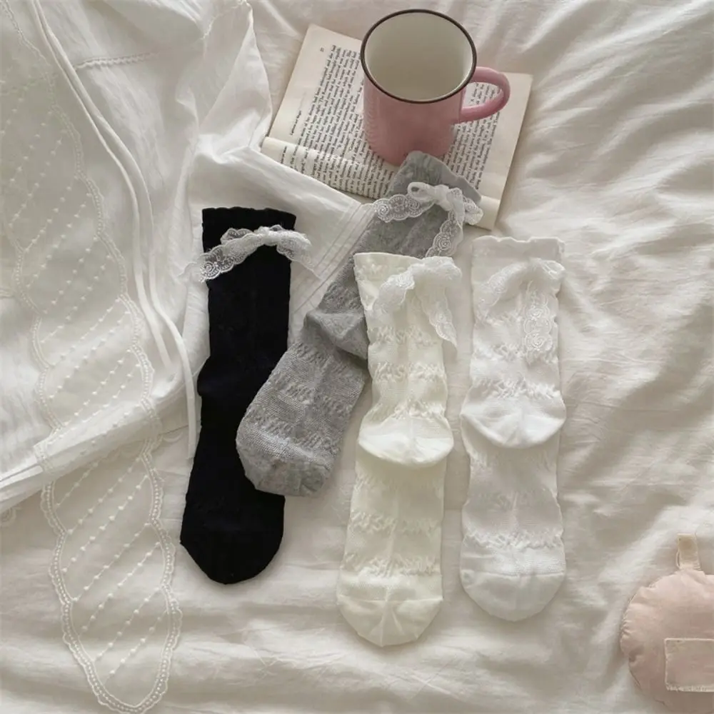 

3Pairs Cute Ruffle Lace Bow Socks Ins Style Breathable Mid Tube Socks Female Hosiery Thin Sweet Socks Women Lady