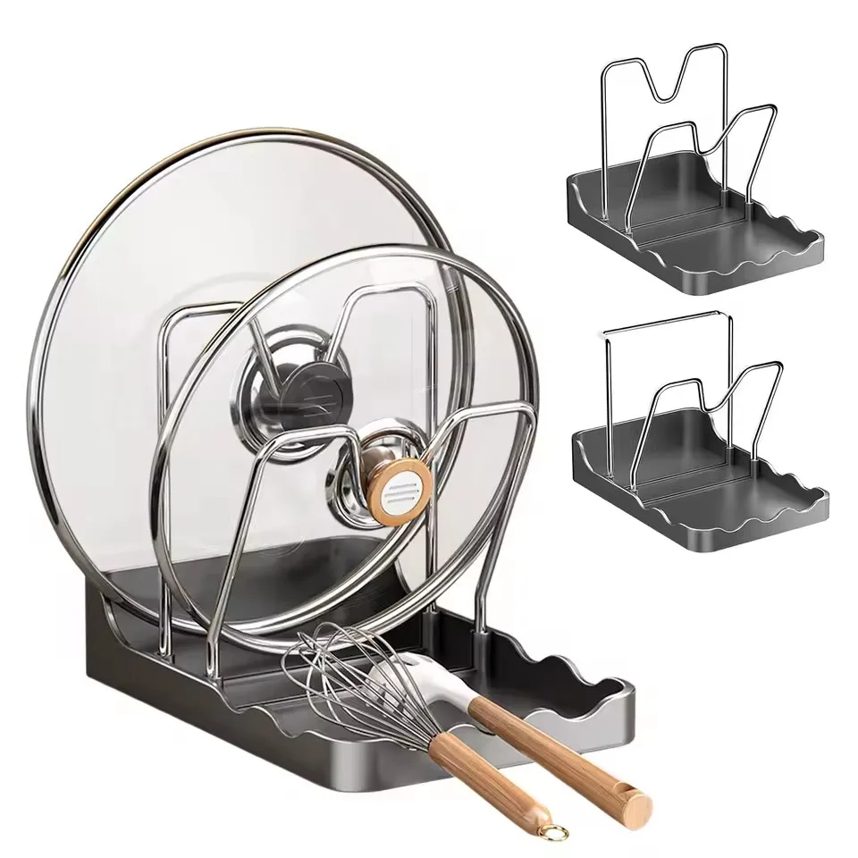 Multifunctional Stainless Steel Pot Lid Organizer While Cooking Pot Lid Rack with Spoon Rest for Stovetop and Kitchen Counter