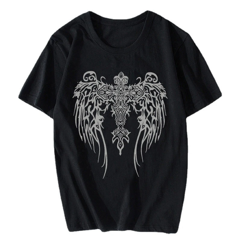 Women's Short Sleeved T-shirts American Hip Hop Fashion Creative Wings Pattern Print Summer Y2K Street Harajuku Loose Casual Top