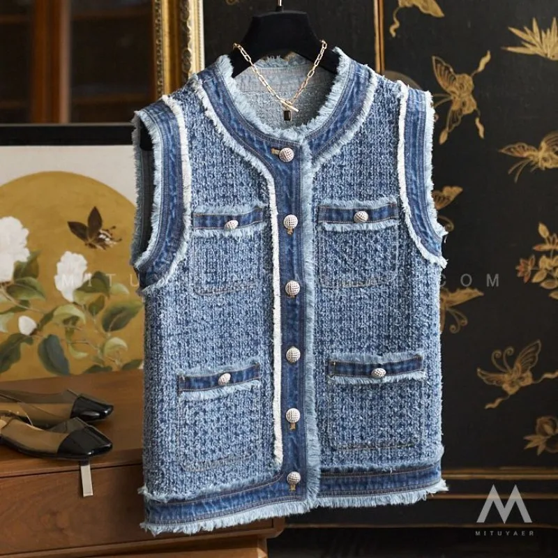 

All-match New Women's Tweed Jacket Vest V-Neck Tassel Single-Breasted Elegant Vests Sleeveless Cardigan Layered Waistcoat Trend