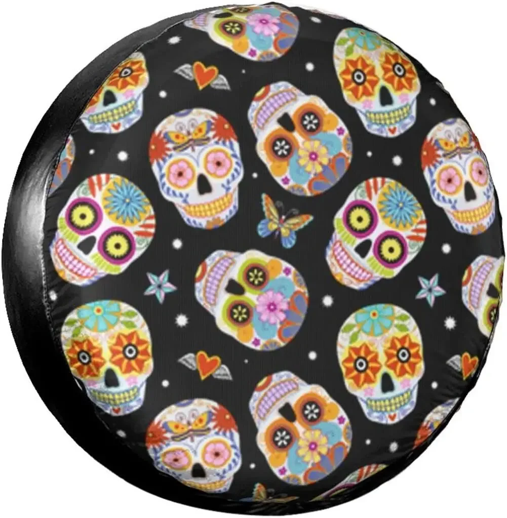 Sugar Skulls Butterfly Print Spare Tire Cover Waterproof Universal Wheel Cover Dust-Proof Tire Wheel Protector 14