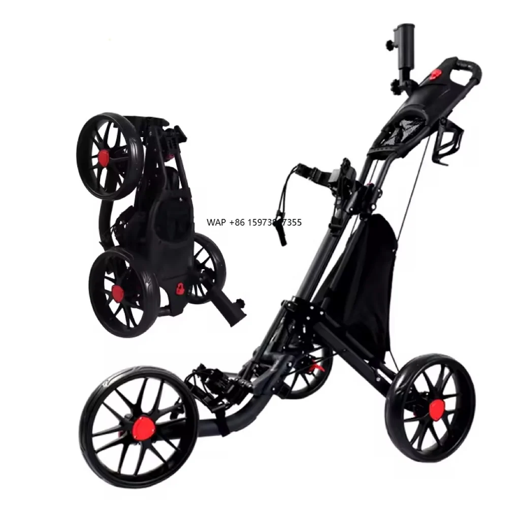 

Foldable Compact 3 Wheel Golf Push Cart Aluminum Frame Quick Storage Ball Umbrella Holder Accessory All Terrain Golf Trolleys
