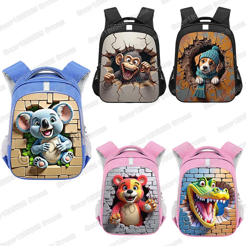 

Cute Animal Breaking The Wall Print Backpack for Teenager Dog Panda Cat Boys Girls Rucksacks Children School Bag Laptop Bags