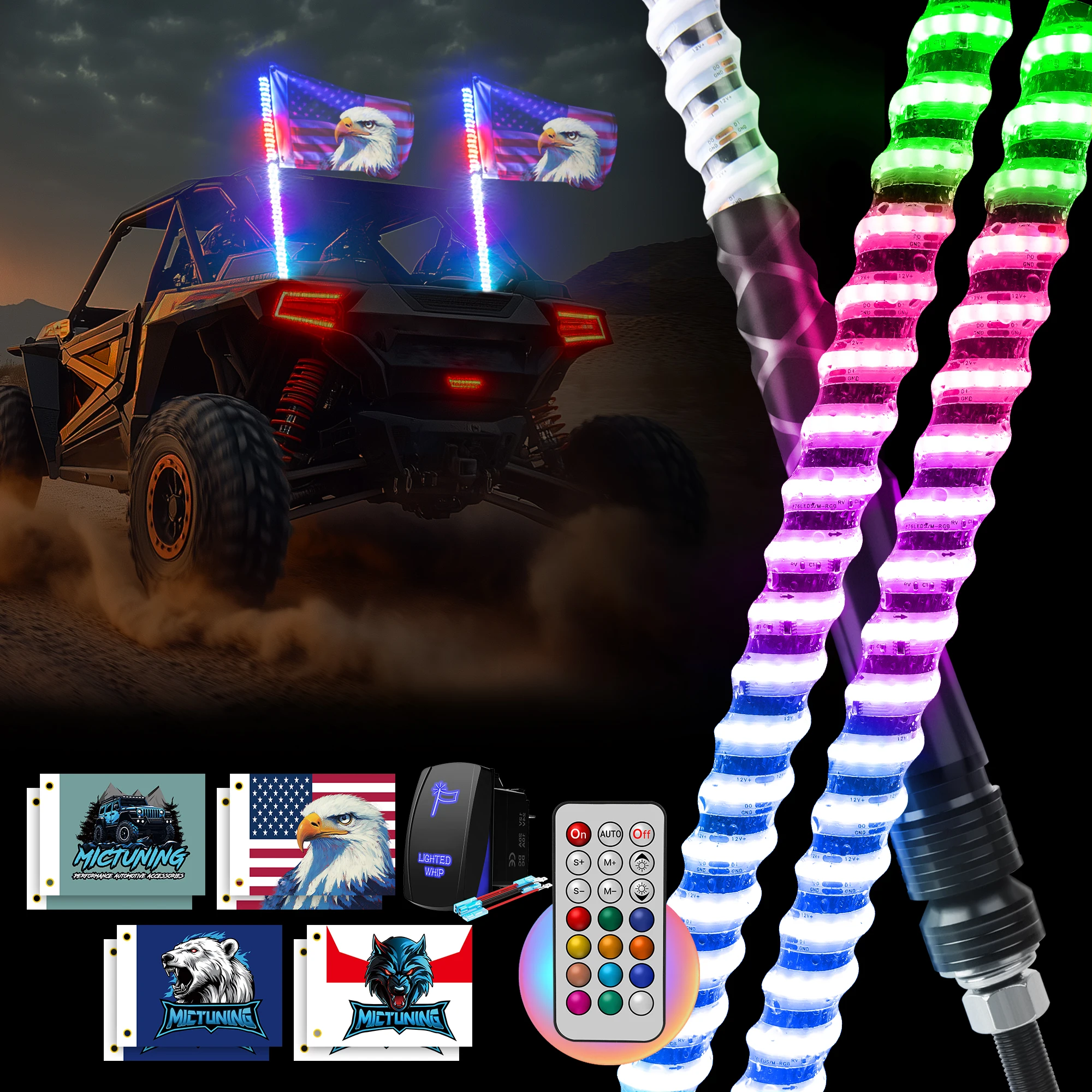 2PCS 3FT LED Whip Light Universal RGB LED Flagpole Lamp RGB+IC Dream Flow Chasing Colors Decorative Light For Car SUV ATV UTV