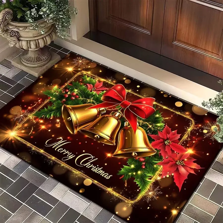 Christmas Doormat Red Bow Bell Pine Branch Print Non Slip Welcome Floor Mat Indoor Entrance Holiday Home Decor Rug