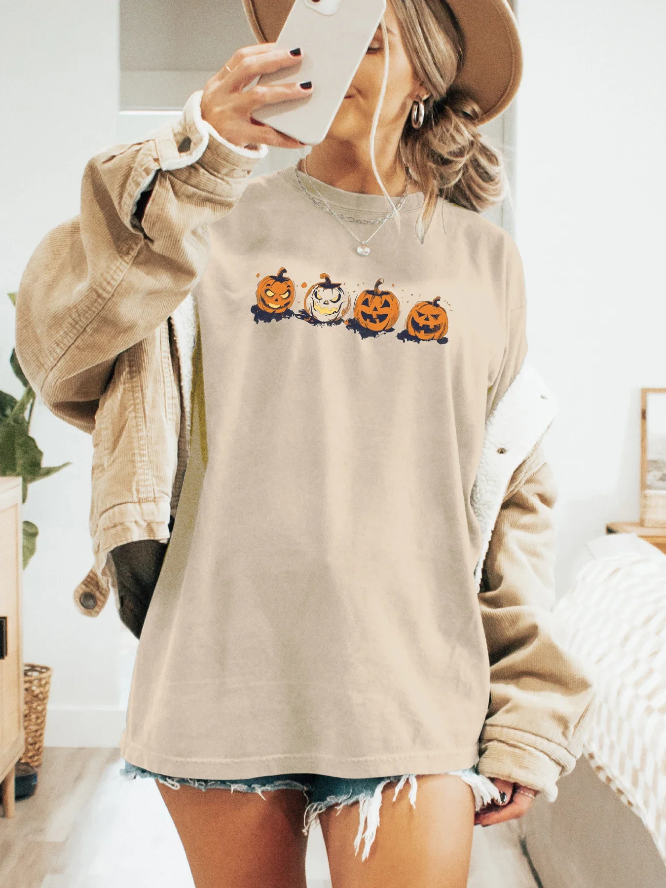 Cool Halloween Pumpkin Parade Graphic  Print T-shirt Short Sleeve Crew Neck Casual Top For Summer & Spring Women\'s Clothing