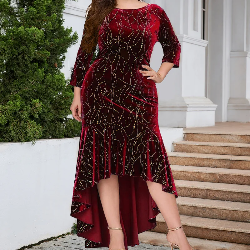 2023 Autumn/Winter New Quarter Sleeve Formal Round Neck Mermaid Velvet Comfortable Solid Popularity Slim Leisure Female Dress