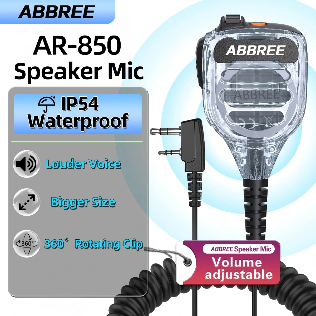 ABBREE AR-850 Walkie Talkie Speaker MIC IP54 Waterproof Dual PTT Adjustable Volume for BaoFeng UV-5RH UV-21PRO UV-32 Ham Radio