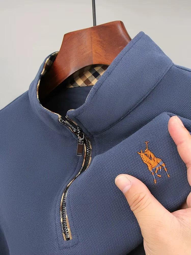 

High end brand pure cotton long sleeved exquisite embroidered POLO shirt fashionable men's half pull chain collar casual T-shirt