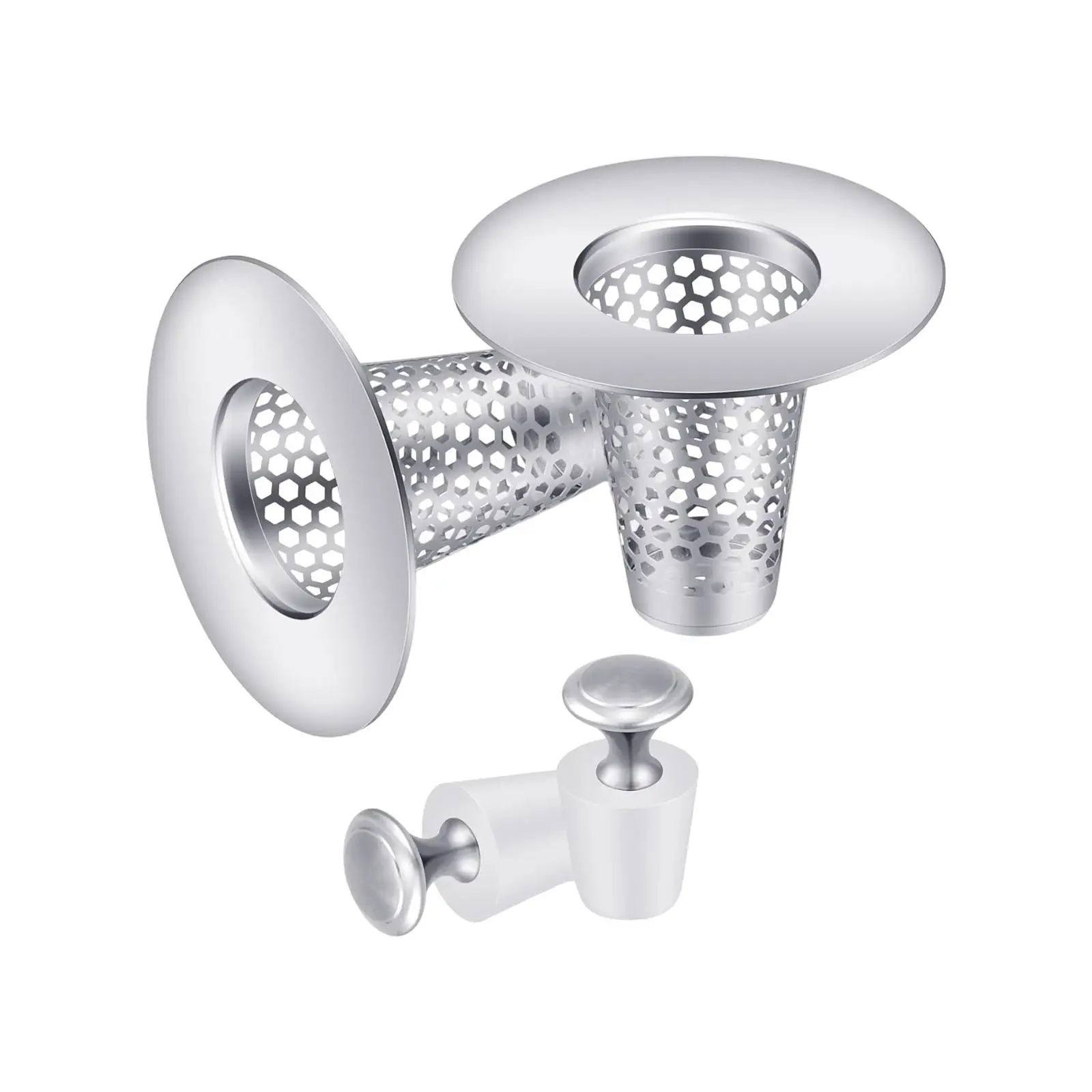 2Pcs Bathroom Sink Drain Strainer Silver with Silicone Plugs Bathroom Essentials for Laundry Shower Balcony Bathroom RV Sink