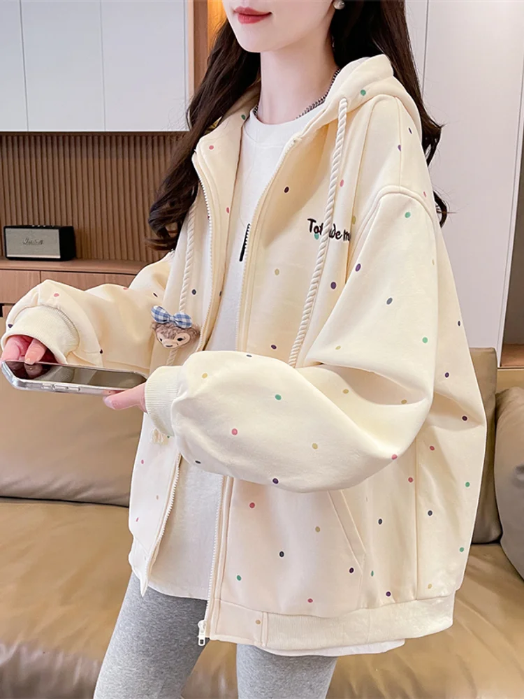 Leisure Sports Hoodie Cardigan Coat Sweet Embroidery Letters Cute Colors Polka Dots Girls Spring Autumn Students Loose Outerwear
