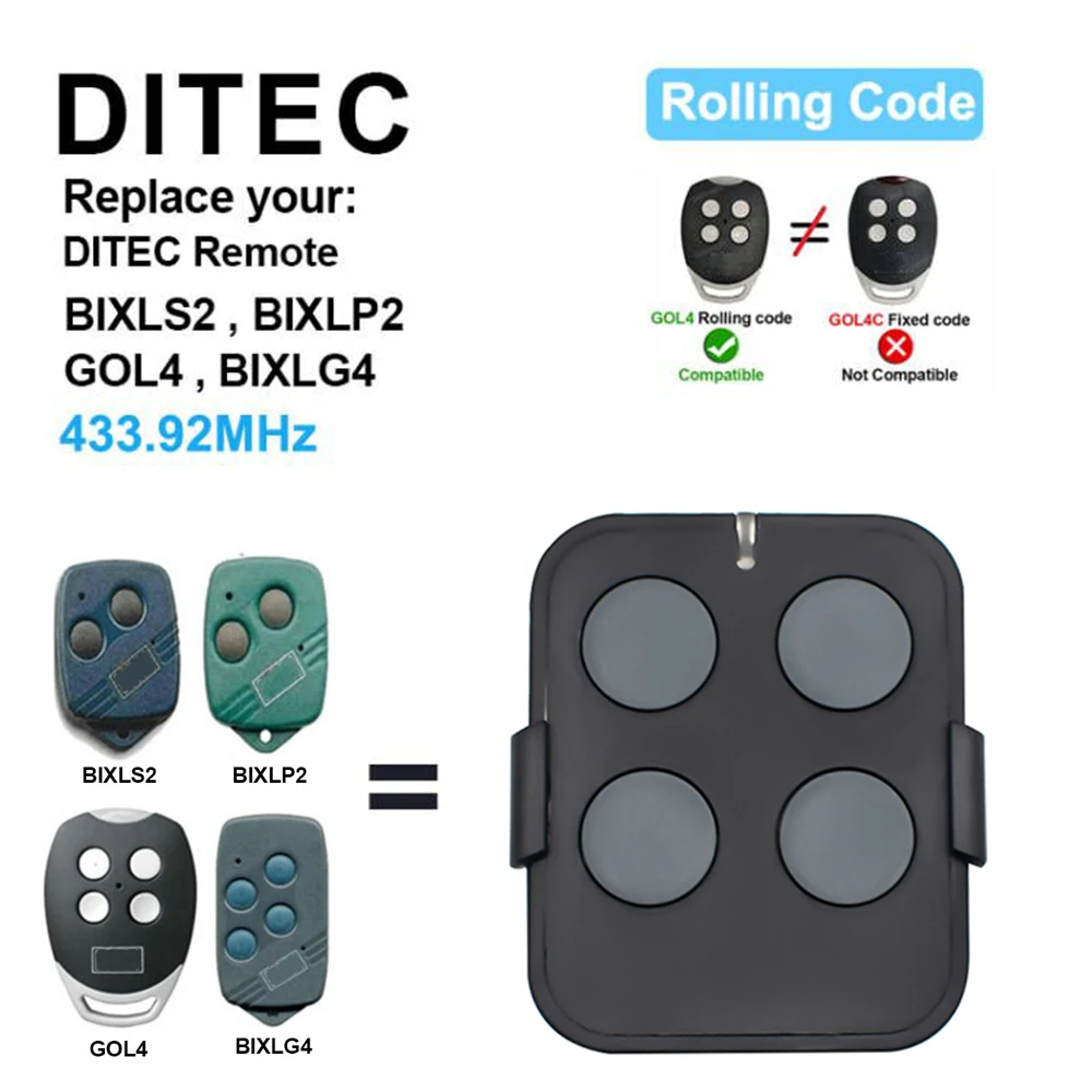DITEC GOL4 BIXLP2 BIXLS2 BIXLG4 Control remoto de puerta de garaje 433.92MHz