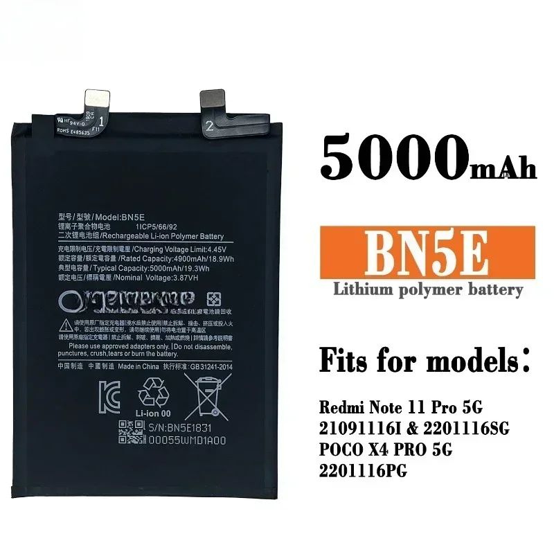 New BN5E 3.87V 5000mAh Mobile Phone Battery for Xiaomi Mi POCO X4 Pro Redmi Note 11 Pro / 11E Pro 5G High Quality Batteries