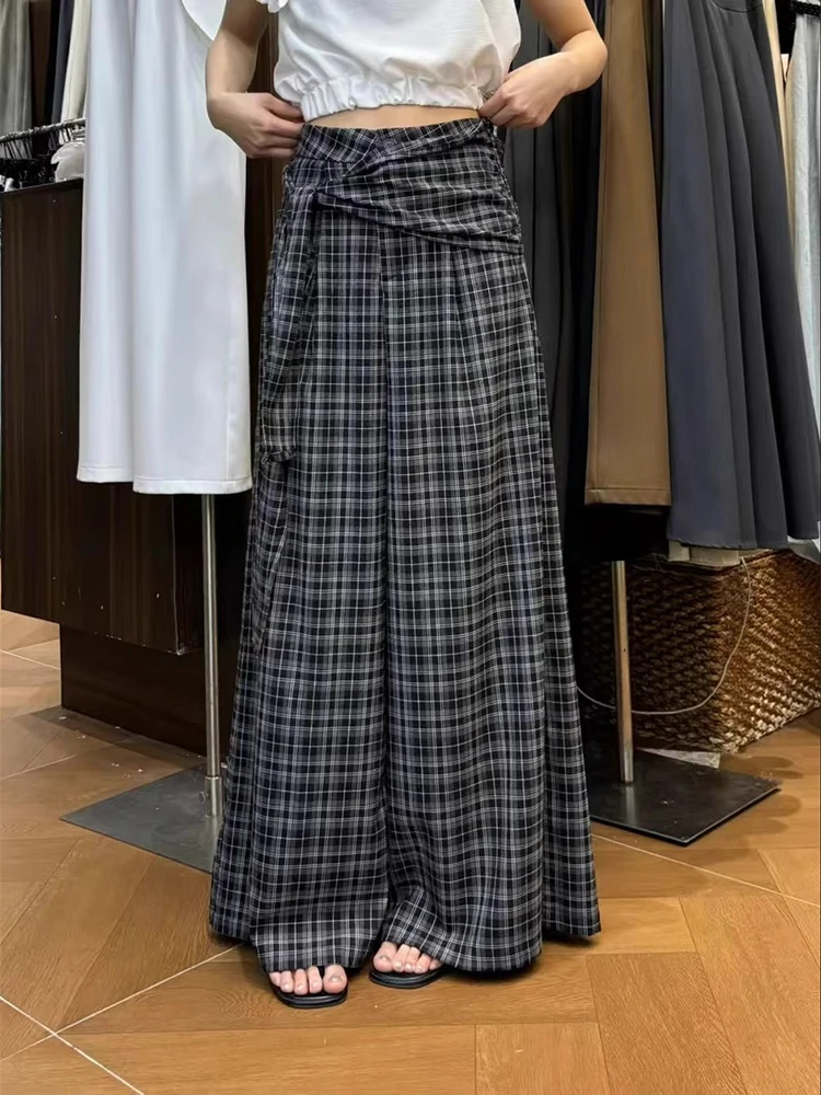 Retro Britse stijl lente ontwerp gebonden geruite gestreepte broek dames losse rechte pijpen hoog getailleerde casual wijde pijpen vloerbroek