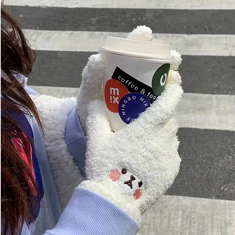 Winter Plush Cute Girl Gloves Warm Finger Gloves Embroidery Blush Bear Wool Mittens Student Cold Outdoor Cycling Gloves