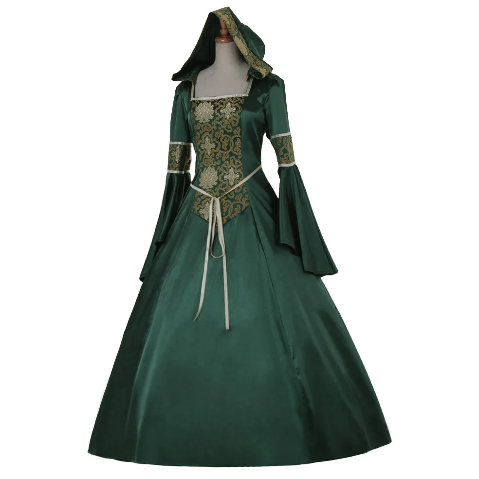 

An American medieval revival court Gothic-style dress featuring a hooded square-necked tie and trumpet sleeves with a large skir