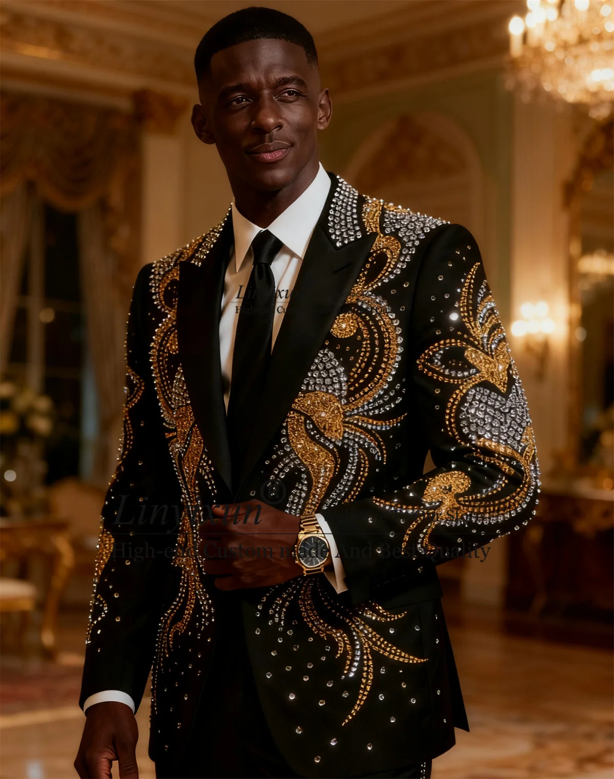 

Мужские костюмы Higg End со стразами и кристаллами по индивидуальному заказу, приталенные смокинги для жениха, комплекты из 2 предметов, свадебный мужской вечерний пиджак, костюм Homme